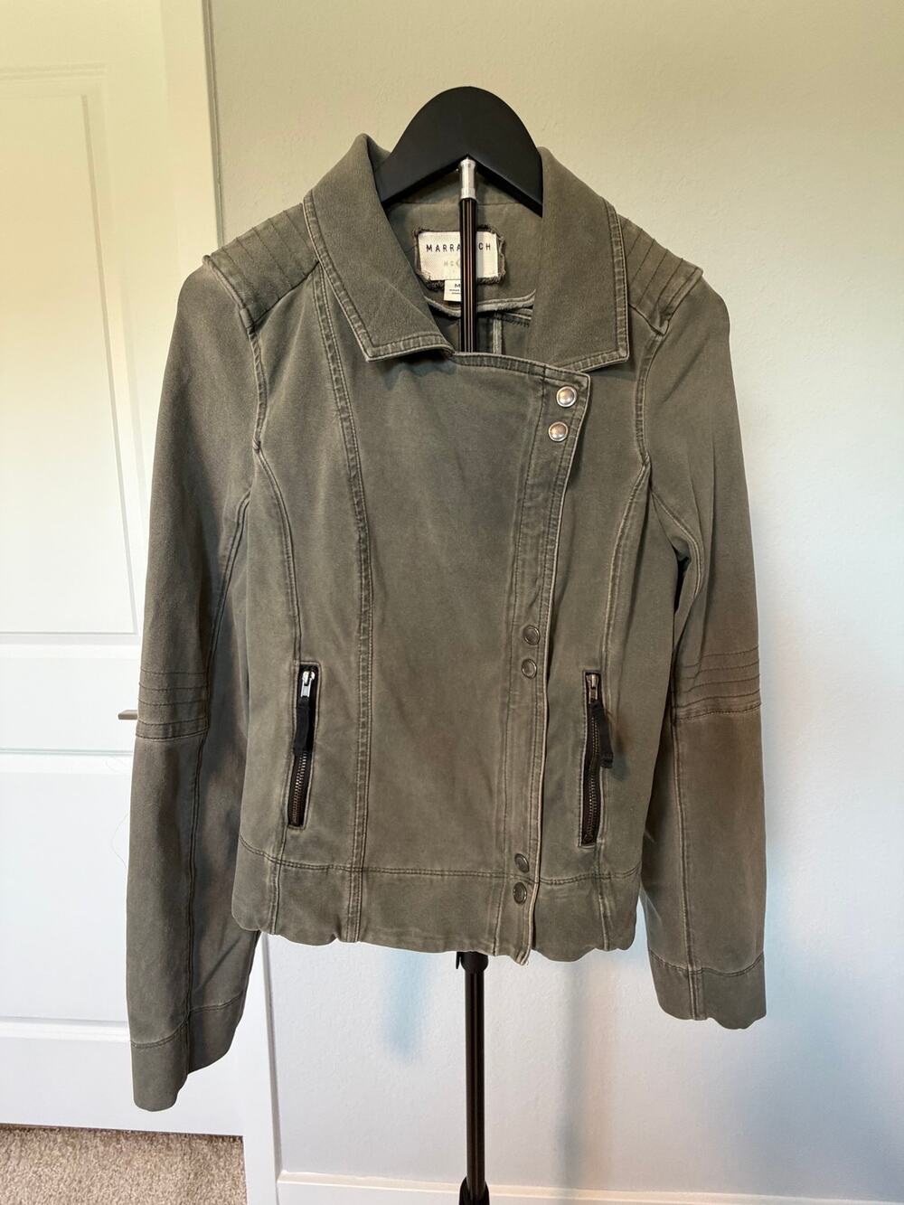 Marrakech Moto Jacket Olive Green Stretch Cotton Utility Jacket Women's Medium